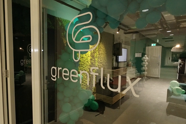 GreenFlux logo on the door of its office